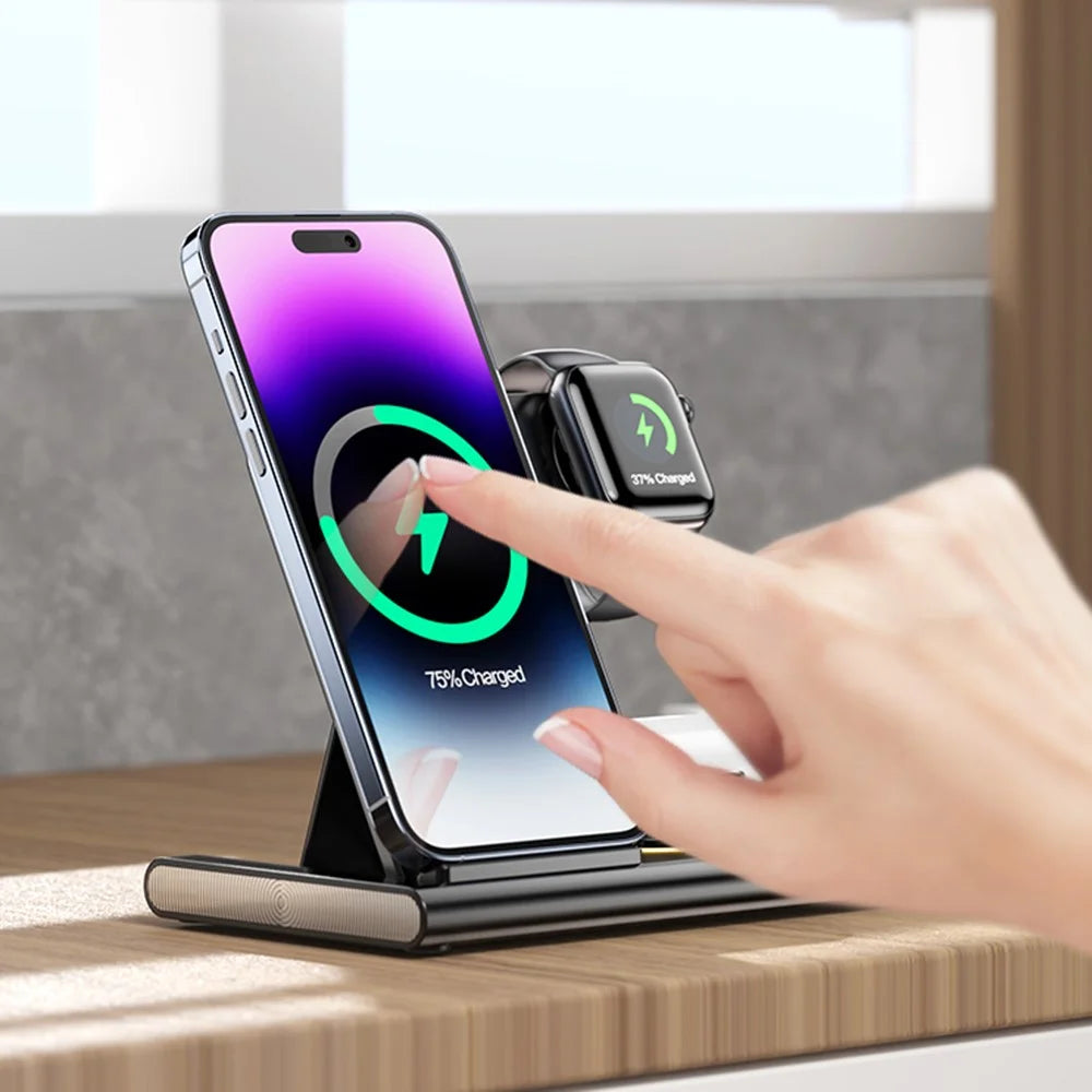 JJT-A80 3-in-1 Desktop Foldable Wireless Charger Phone Watch Earphone Charging Stand with Night Light - Black - 6