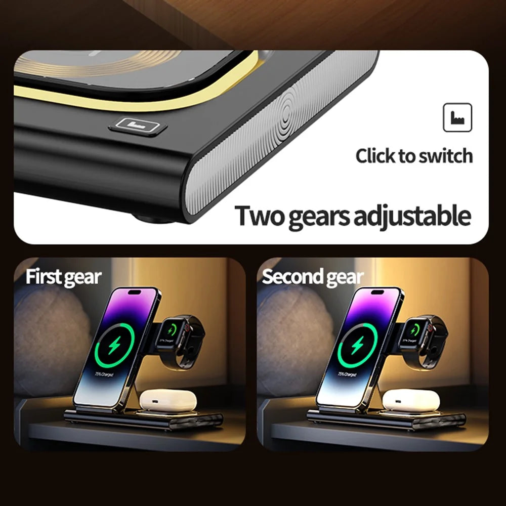 JJT-A80 3-in-1 Desktop Foldable Wireless Charger Phone Watch Earphone Charging Stand with Night Light - Black - 7