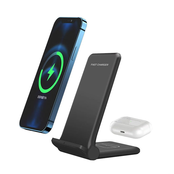 2 in 1 Wireless Charger Folding Bracket Fast Charger Station for Mobile Phone / Earphone - Black - 2