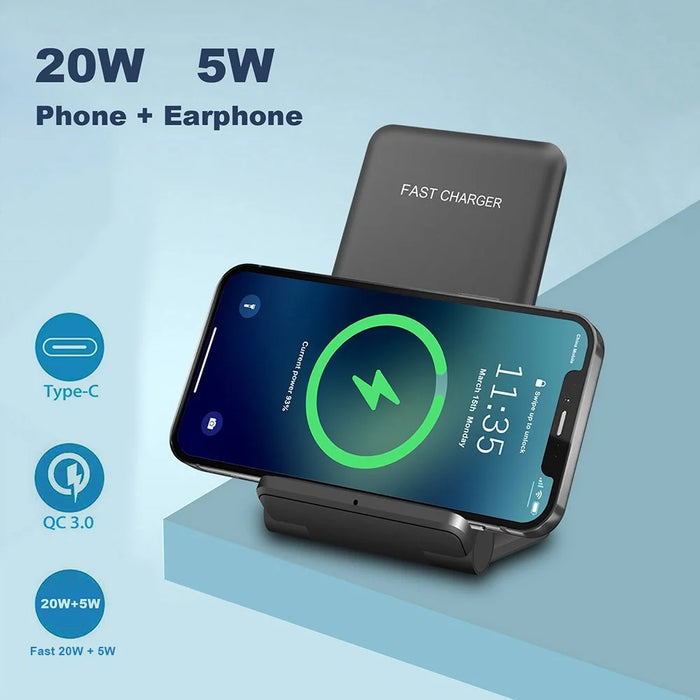 2 in 1 Wireless Charger Folding Bracket Fast Charger Station for Mobile Phone / Earphone - Black - 4
