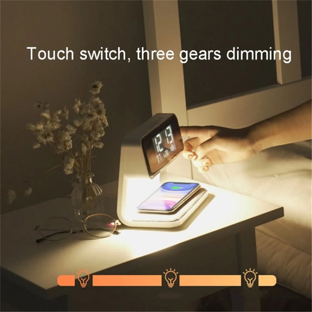3-in-1 10W Cell Phone Wireless Charger with Bedside Lamp, LCD Alarm Clock for Home (EU Plug) - 2