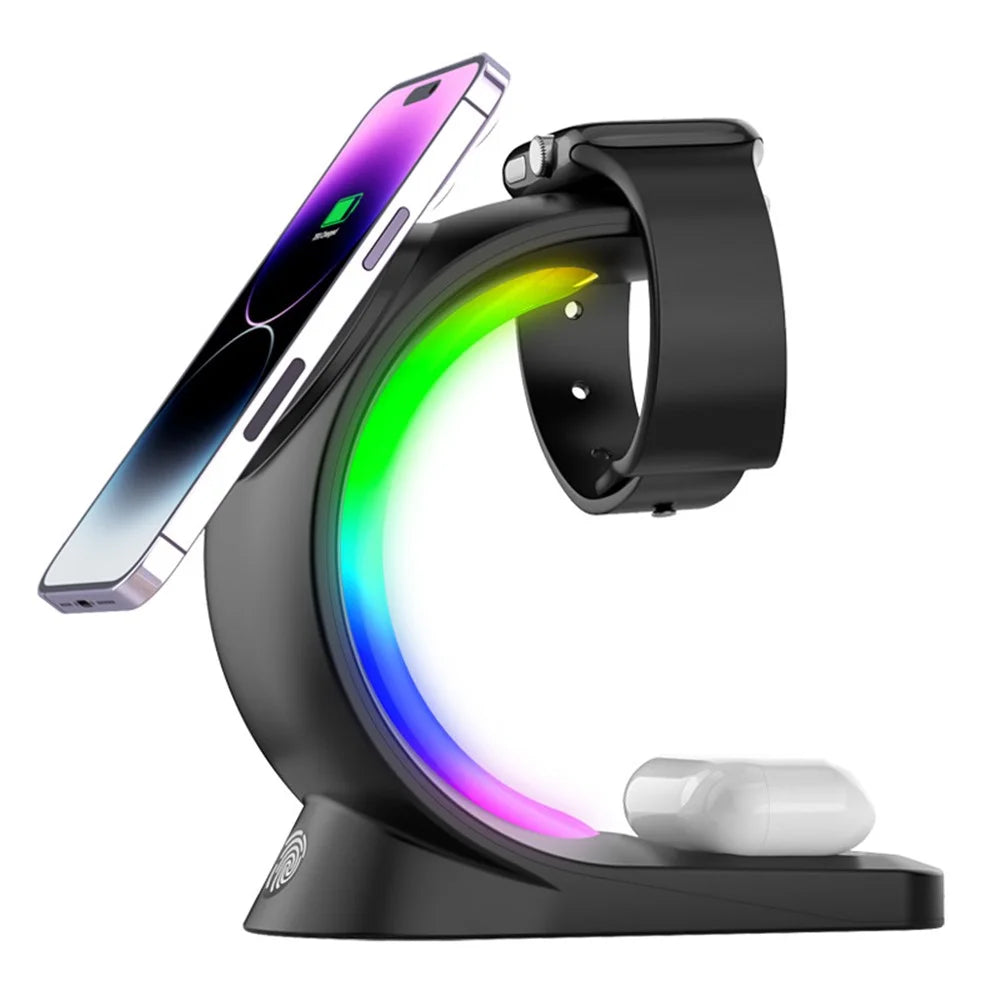 T17 3-in-1 RGB Light Magnetic Wireless Charger for iPhone 12 / 13 / 14 / 15 Series Desktop Fast Charging Stand - Black - 1