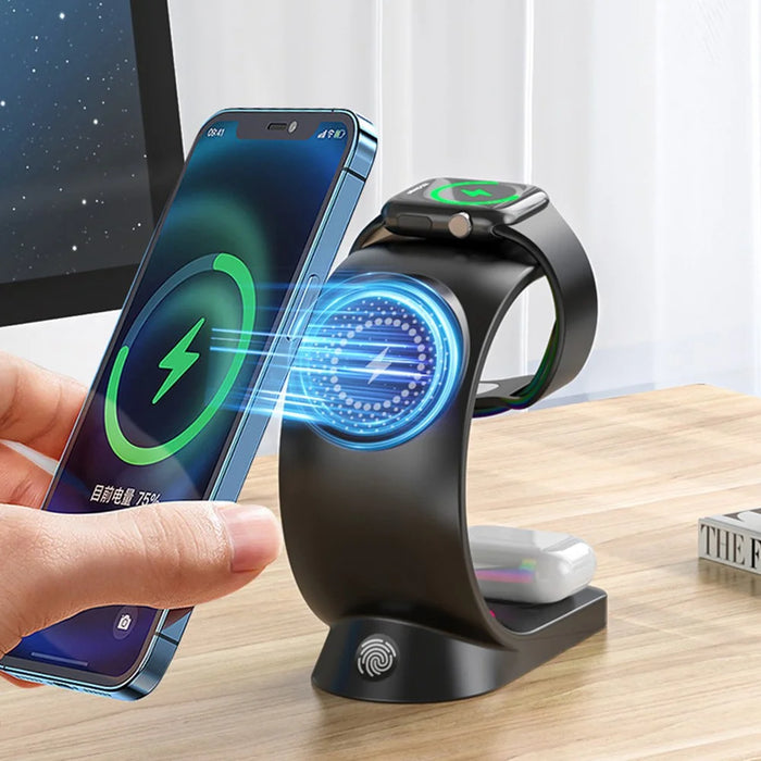 T17 3-in-1 RGB Light Magnetic Wireless Charger for iPhone 12 / 13 / 14 / 15 Series Desktop Fast Charging Stand - Black - 2