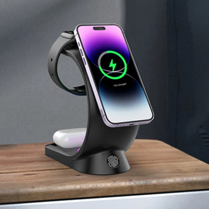 T17 3-in-1 RGB Light Magnetic Wireless Charger for iPhone 12 / 13 / 14 / 15 Series Desktop Fast Charging Stand - Black - 3