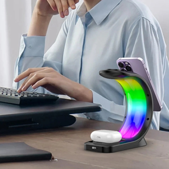 T17 3-in-1 RGB Light Magnetic Wireless Charger for iPhone 12 / 13 / 14 / 15 Series Desktop Fast Charging Stand - Black - 4