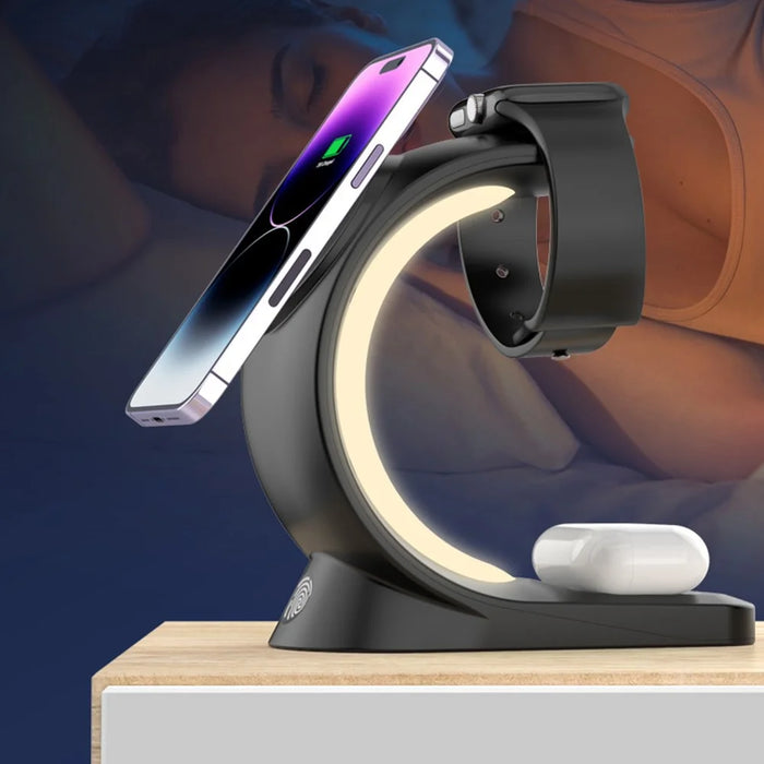 T17 3-in-1 RGB Light Magnetic Wireless Charger for iPhone 12 / 13 / 14 / 15 Series Desktop Fast Charging Stand - Black - 5