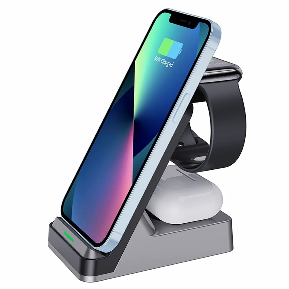 H15B Wireless Charger 3 in 1 15W Fast Wireless Charging Dock ABS+Tempered Glass Multi Charger Stand for iPhone 8 Above / iWatch / AirPods - Black - 2