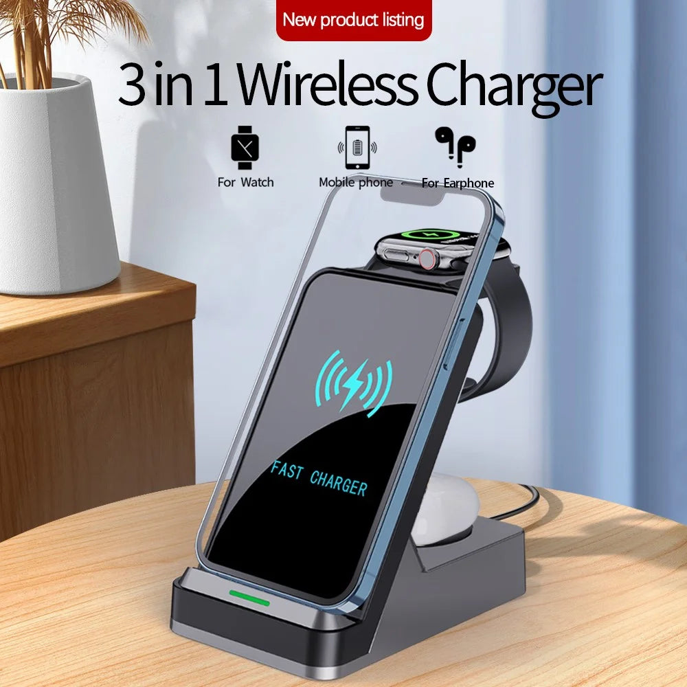 H15B Wireless Charger 3 in 1 15W Fast Wireless Charging Dock ABS+Tempered Glass Multi Charger Stand for iPhone 8 Above / iWatch / AirPods - Black - 3