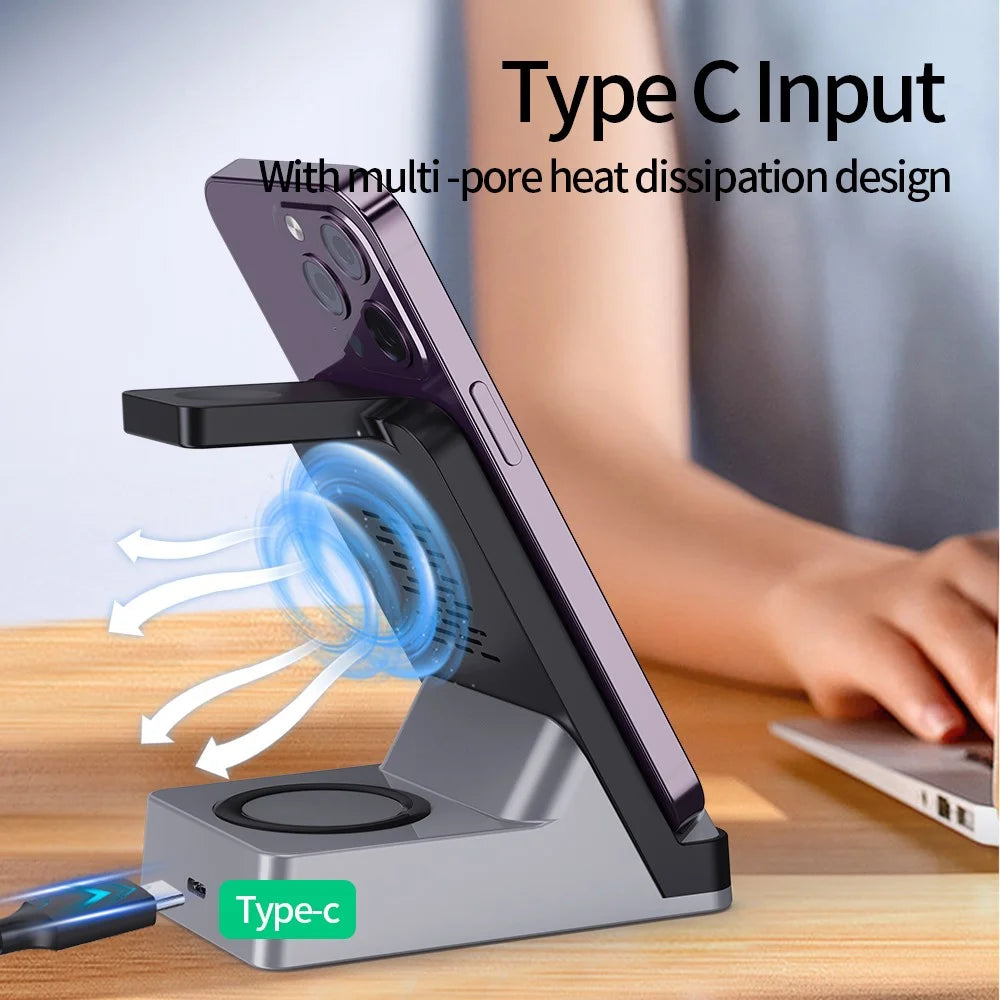 H15B Wireless Charger 3 in 1 15W Fast Wireless Charging Dock ABS+Tempered Glass Multi Charger Stand for iPhone 8 Above / iWatch / AirPods - Black - 4