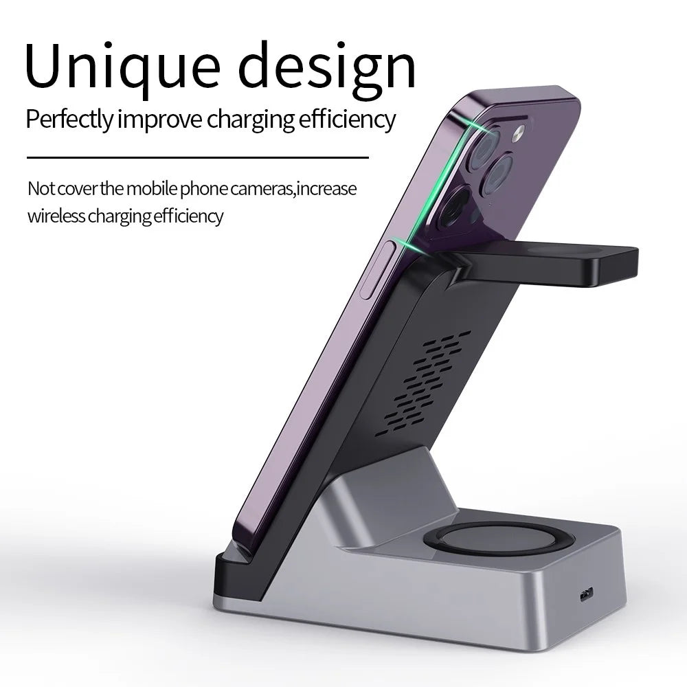 H15B Wireless Charger 3 in 1 15W Fast Wireless Charging Dock ABS+Tempered Glass Multi Charger Stand for iPhone 8 Above / iWatch / AirPods - Black - 5