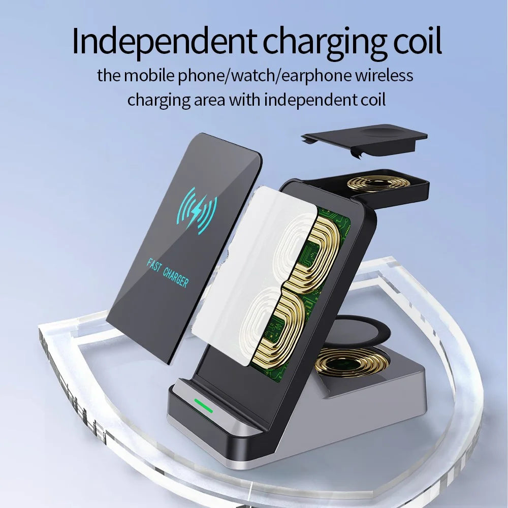 H15B Wireless Charger 3 in 1 15W Fast Wireless Charging Dock ABS+Tempered Glass Multi Charger Stand for iPhone 8 Above / iWatch / AirPods - Black - 6