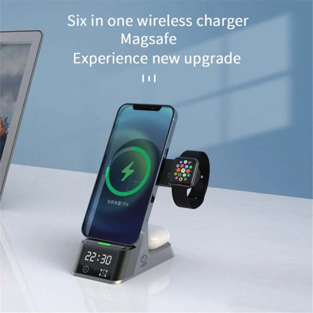 H35 6-in-1 Magnetic Wireless Charging Station ABS+Tempered Glass 15W Fast Charger Stand with Alarm Clock for Phone / Watch / Earphones - 2