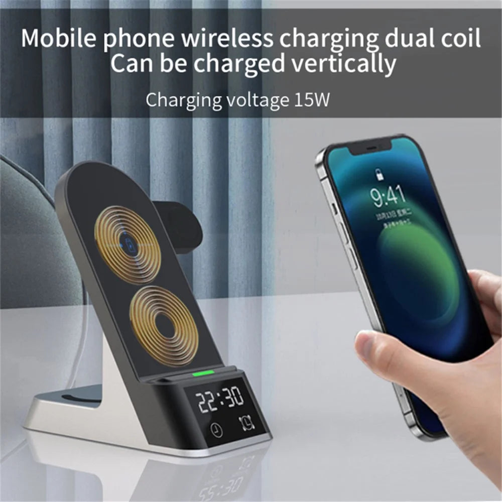 H35 6-in-1 Magnetic Wireless Charging Station ABS+Tempered Glass 15W Fast Charger Stand with Alarm Clock for Phone / Watch / Earphones - 3