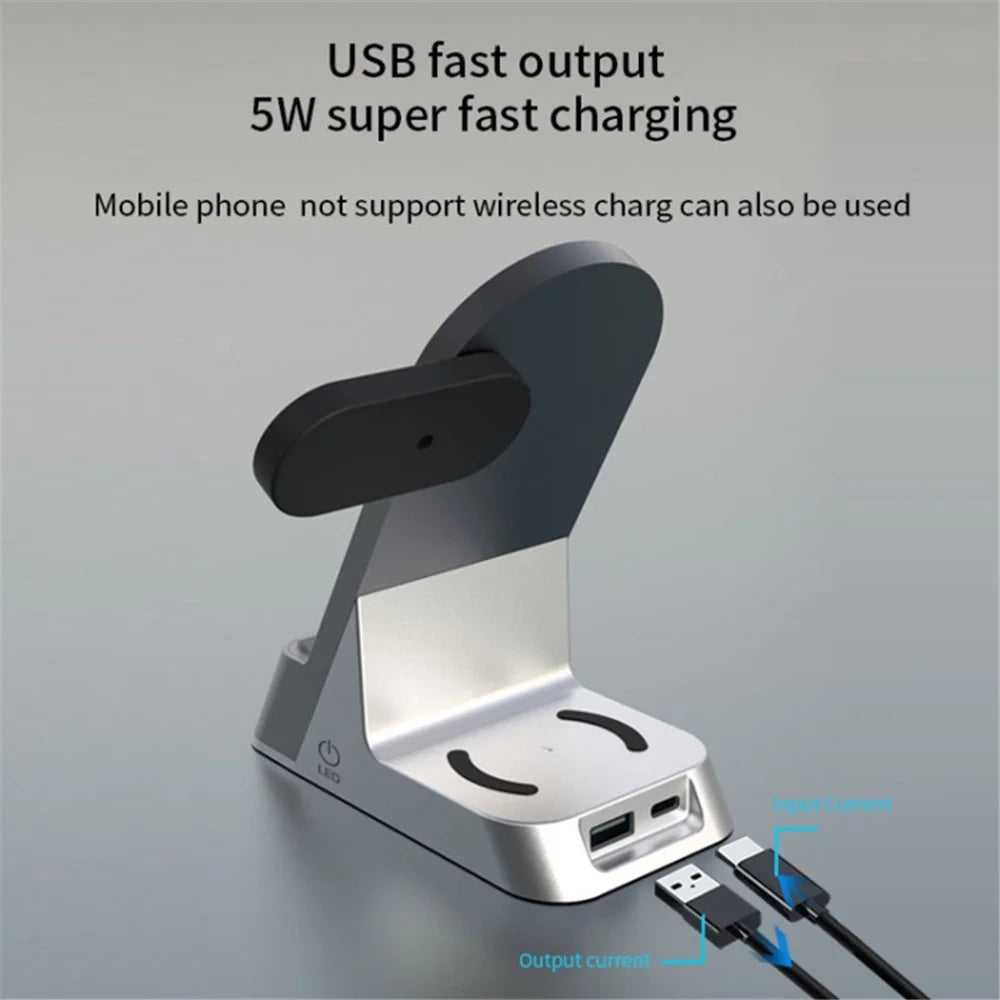 H35 6-in-1 Magnetic Wireless Charging Station ABS+Tempered Glass 15W Fast Charger Stand with Alarm Clock for Phone / Watch / Earphones - 6