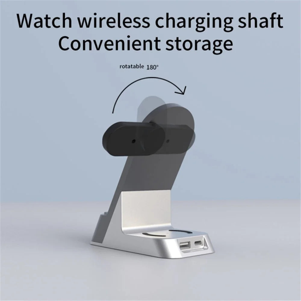H35 6-in-1 Magnetic Wireless Charging Station ABS+Tempered Glass 15W Fast Charger Stand with Alarm Clock for Phone / Watch / Earphones - 7