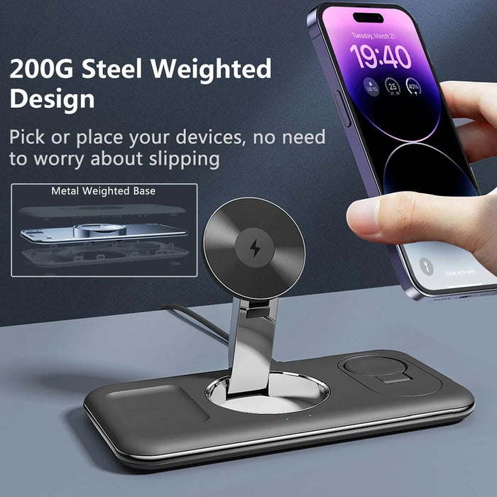 V18 3-in-1 Magnetic Wireless Charger Folding Cell Phone Charging Stand for Earbuds, Smart Watch - Black - 5