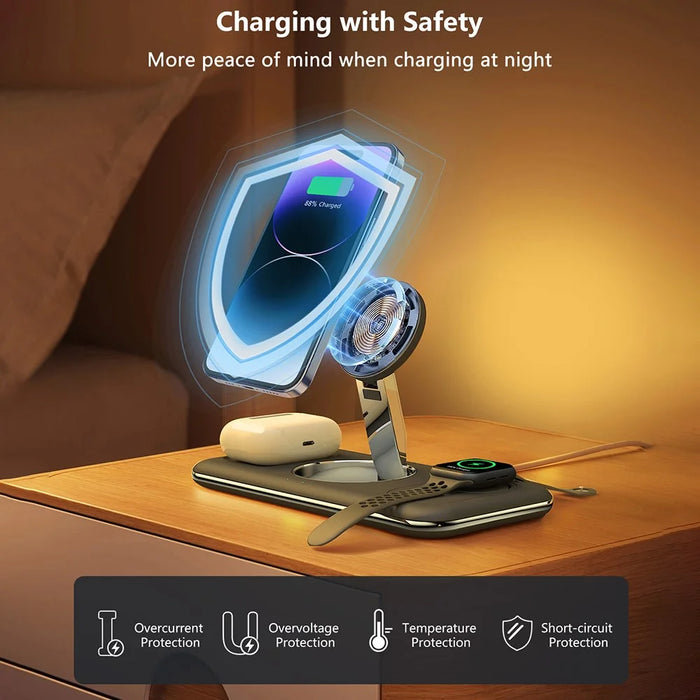 V18 3-in-1 Magnetic Wireless Charger Folding Cell Phone Charging Stand for Earbuds, Smart Watch - Black - 6