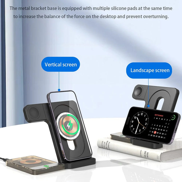 U17-A 5-in-1 Folding Magnetic Wireless Charger Stand for iPhone 12 / 13 / 14 / 15 Series Charging Station - Black - 6