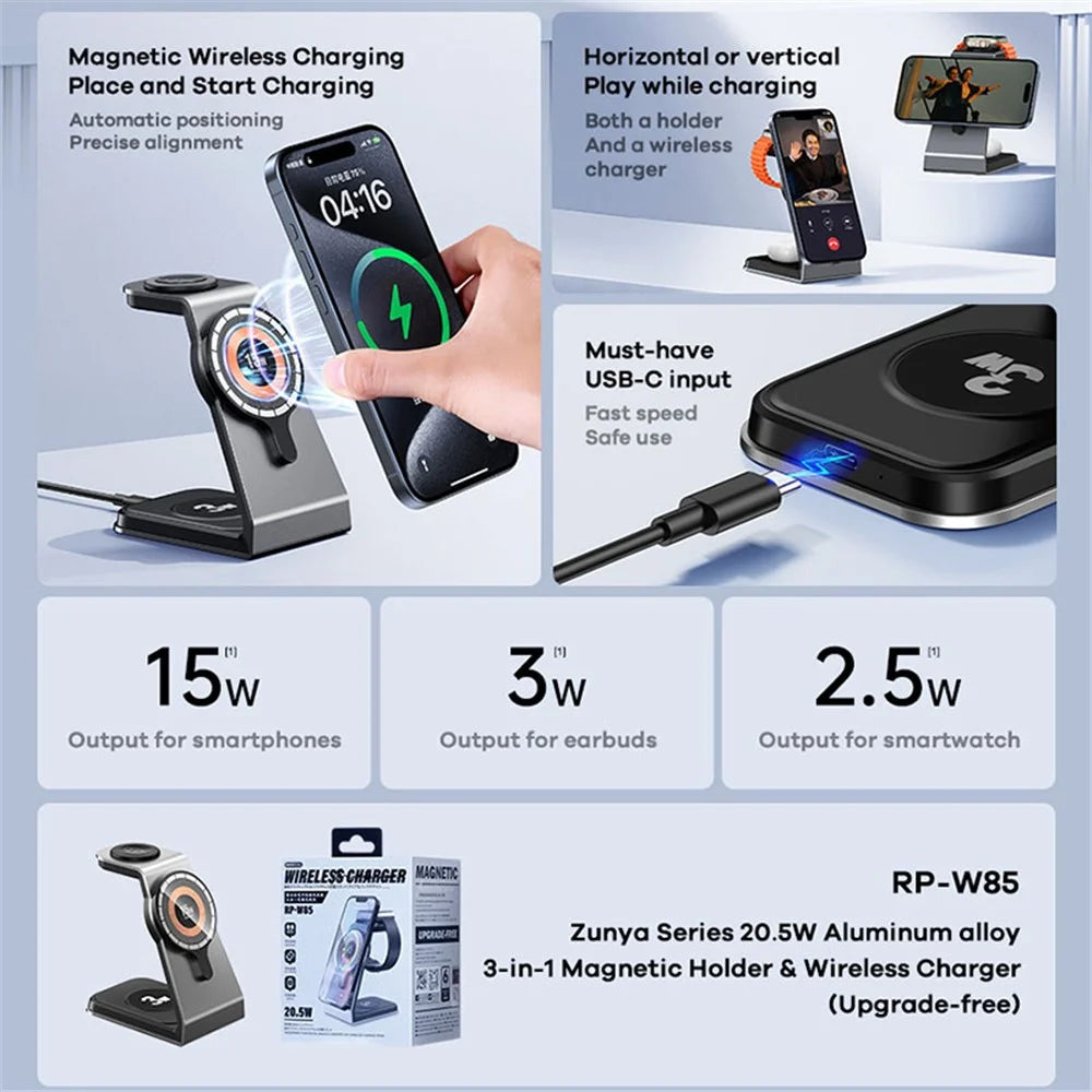REMAX RP-W85 Zunya Series 20.5W Aluminum Alloy 3-in-1 Magnetic Wireless Charger Stand Cell Phone Charging Station - 2