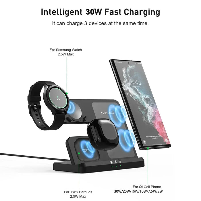 GY-Q10B 3 in 1 Wireless Charging Station 15W Fast Charger Stand for Samsung Galaxy Watch / Qi-enabled Phone / Earbuds - Black - 3