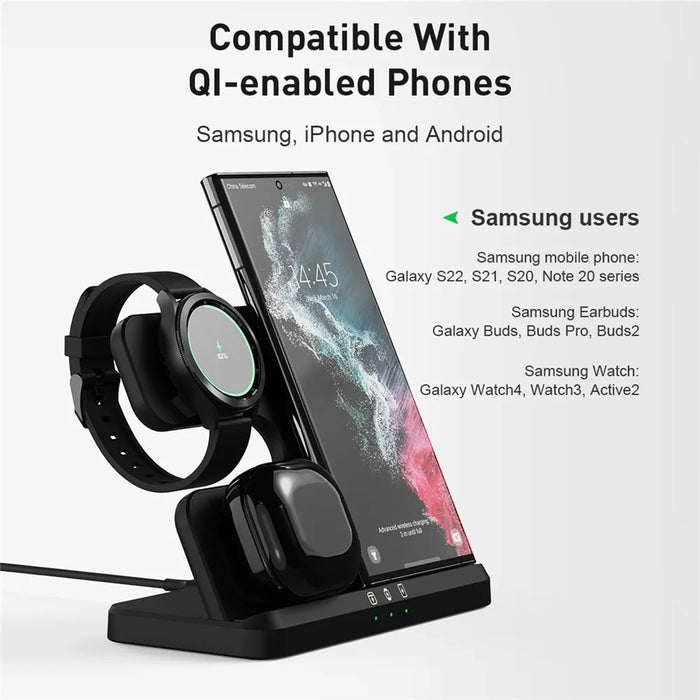 GY-Q10B 3 in 1 Wireless Charging Station 15W Fast Charger Stand for Samsung Galaxy Watch / Qi-enabled Phone / Earbuds - Black - 5