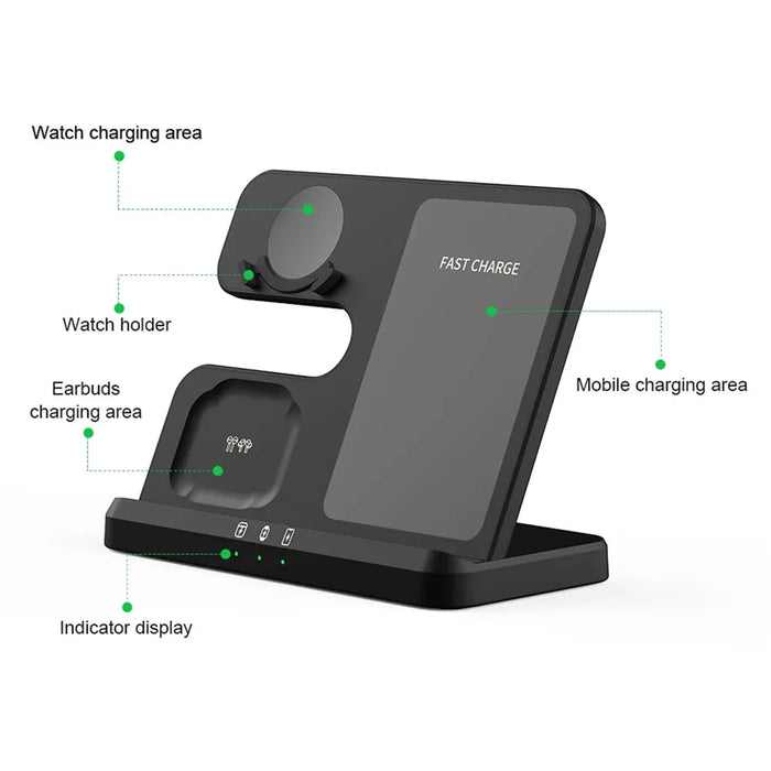 GY-Q10B 3 in 1 Wireless Charging Station 15W Fast Charger Stand for Samsung Galaxy Watch / Qi-enabled Phone / Earbuds - Black - 6
