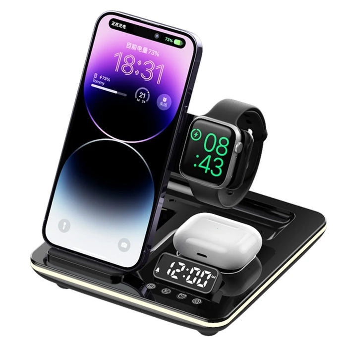 A93 15W 5-in-1 Multi-Function Folding Wireless Charger Cell Phone Charging Station with Clock for Headset Smart Watch - Black - 1