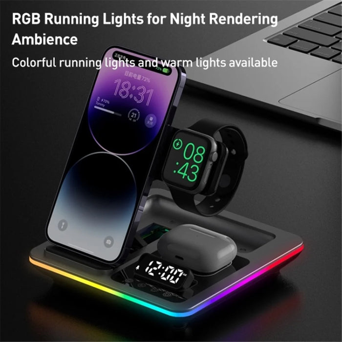 A93 15W 5-in-1 Multi-Function Folding Wireless Charger Cell Phone Charging Station with Clock for Headset Smart Watch - Black - 2