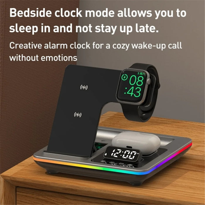 A93 15W 5-in-1 Multi-Function Folding Wireless Charger Cell Phone Charging Station with Clock for Headset Smart Watch - Black - 3