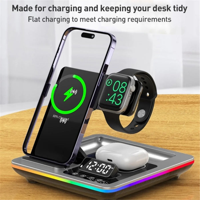 A93 15W 5-in-1 Multi-Function Folding Wireless Charger Cell Phone Charging Station with Clock for Headset Smart Watch - Black - 4