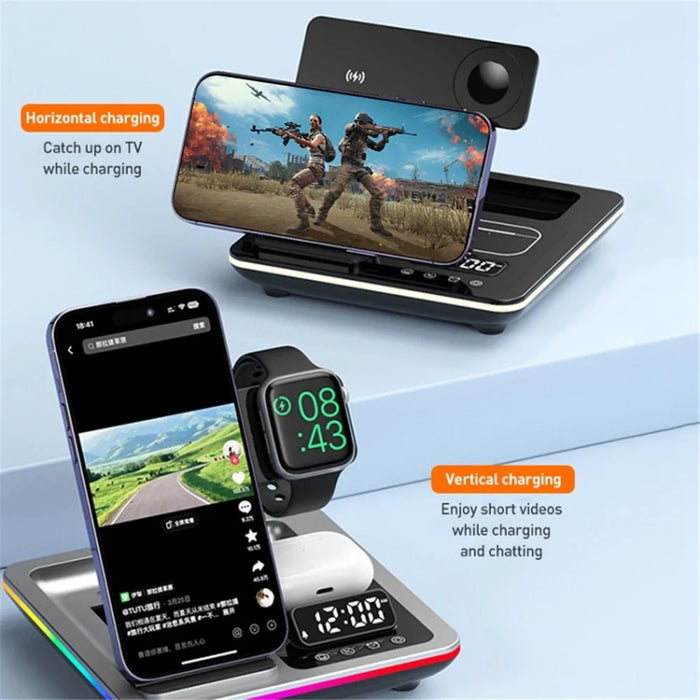 A93 15W 5-in-1 Multi-Function Folding Wireless Charger Cell Phone Charging Station with Clock for Headset Smart Watch - Black - 6