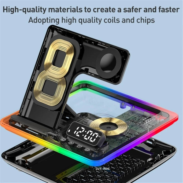 A93 15W 5-in-1 Multi-Function Folding Wireless Charger Cell Phone Charging Station with Clock for Headset Smart Watch - Black - 7
