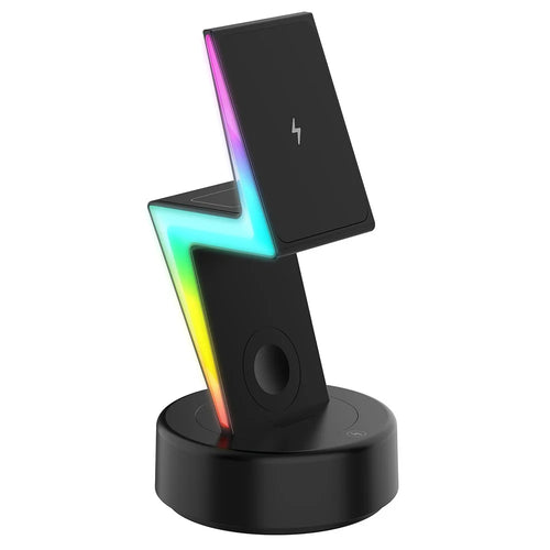 MY002 3-in-1 15W Wireless Charger for Cell Phone, Headset Magnetic Charging Stand with RGB Color Lights - Black - 1
