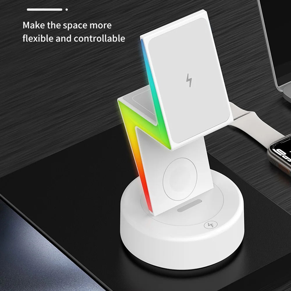 MY002 3-in-1 15W Wireless Charger for Cell Phone, Headset Magnetic Charging Stand with RGB Color Lights - Black - 6