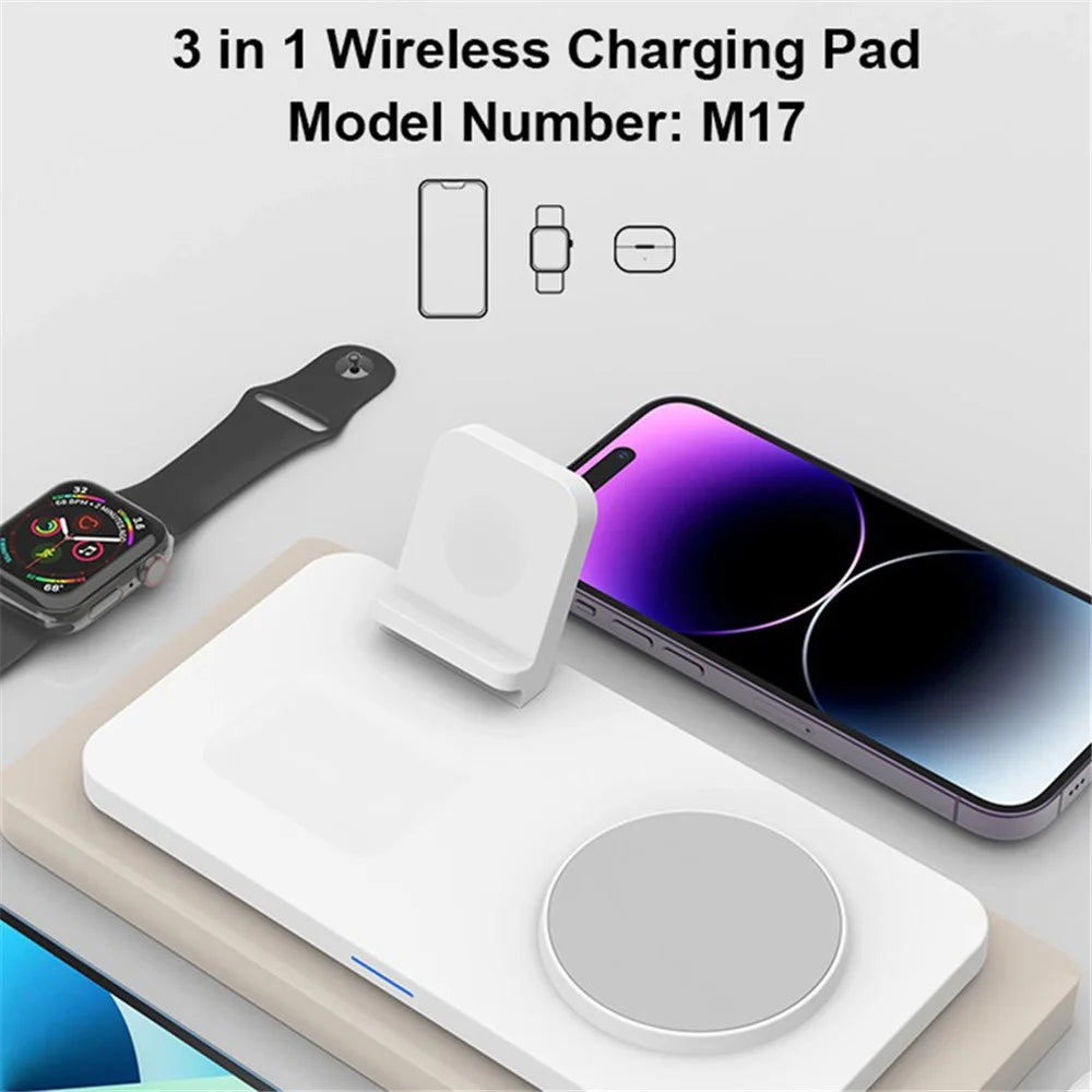M17 3-in-1 15W Magnetic Wireless Charger for iPhone 12 / 13 / 14 / 15 Series, iWatch, AirPods Desktop Charging Station - White / Grey - 3