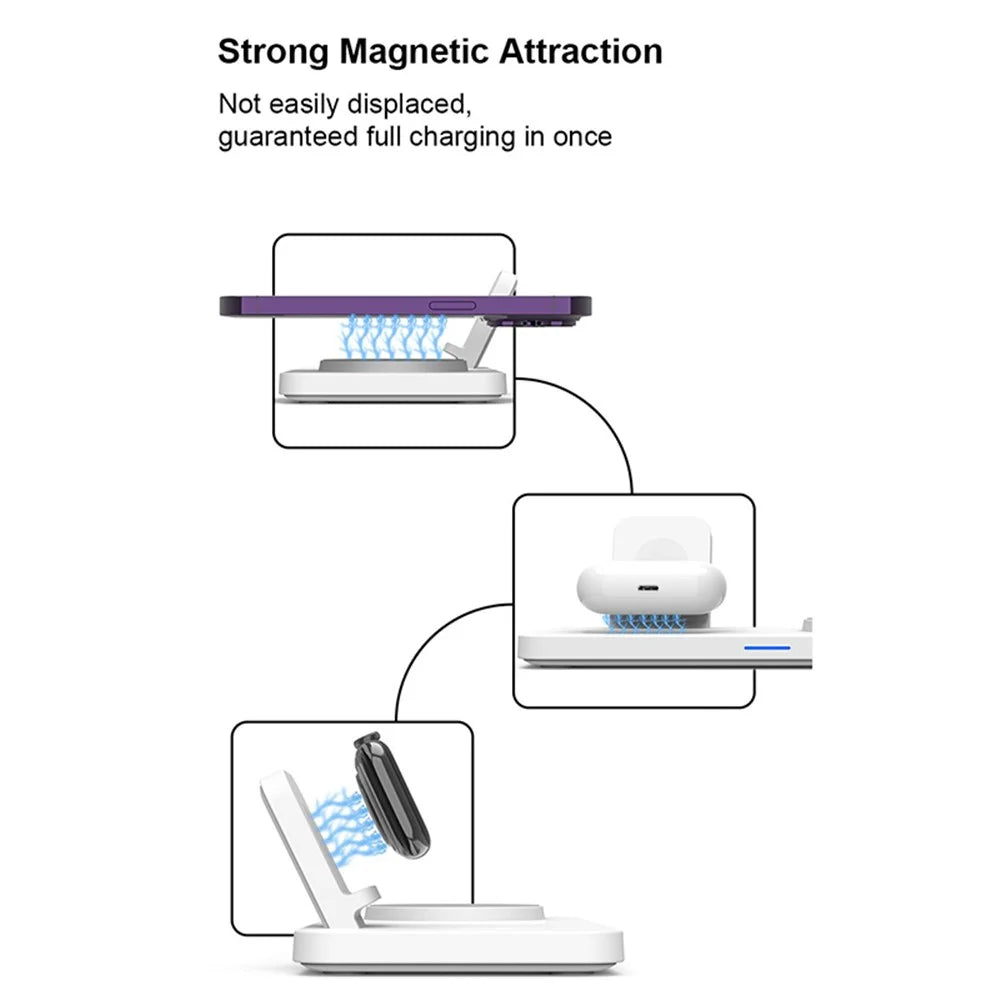 M17 3-in-1 15W Magnetic Wireless Charger for iPhone 12 / 13 / 14 / 15 Series, iWatch, AirPods Desktop Charging Station - White / Grey - 5