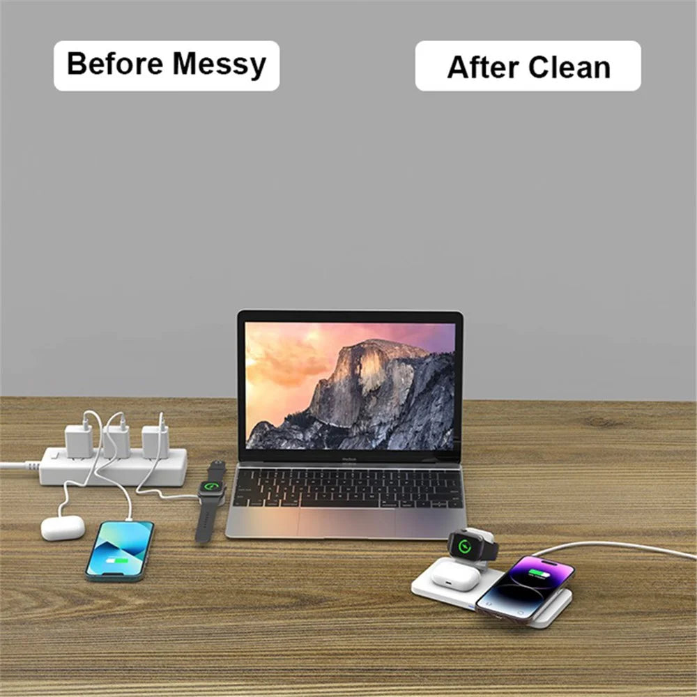 M17 3-in-1 15W Magnetic Wireless Charger for iPhone 12 / 13 / 14 / 15 Series, iWatch, AirPods Desktop Charging Station - White / Grey - 6