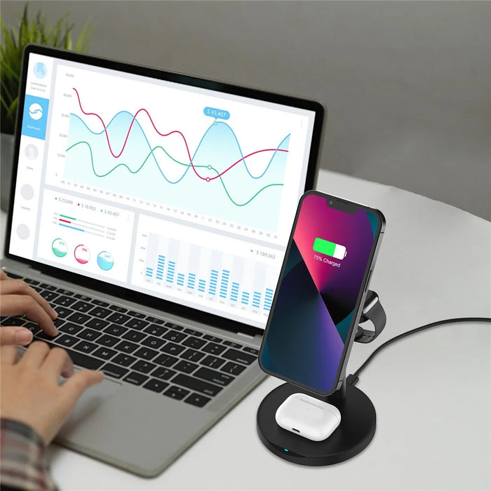 M9 Wireless Charger for Cell Phone Aluminum Alloy 3-in-1 15W Fast Magnetic Charging Stand - Black - 4