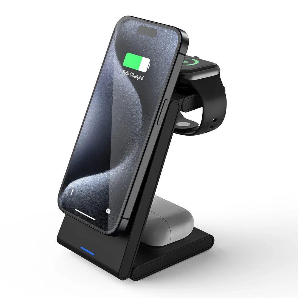 M10 3-in-1 Magnetic Wireless Charger for iPhone 12 / 13 / 14 / 15 Series 15W Folding Charging Station - Black - 2