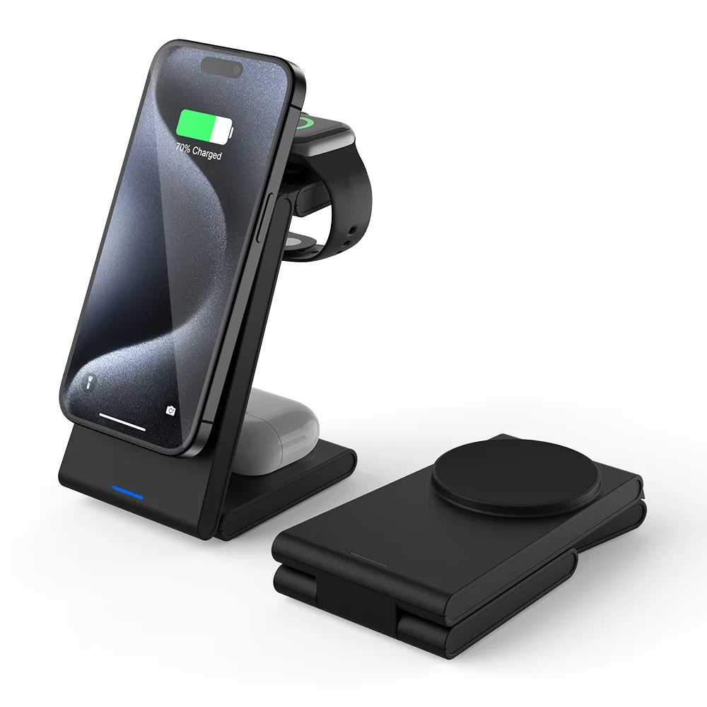 M10 3-in-1 Magnetic Wireless Charger for iPhone 12 / 13 / 14 / 15 Series 15W Folding Charging Station - Black - 3