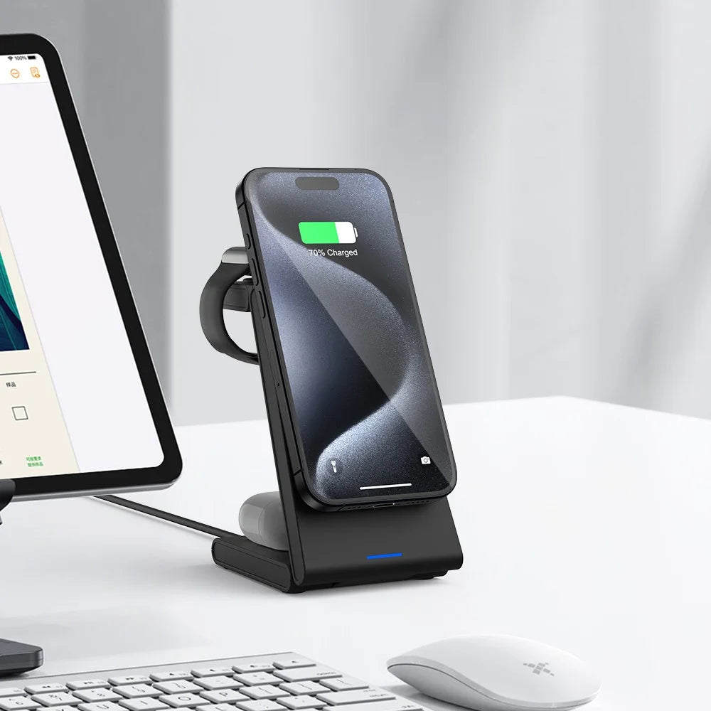 M10 3-in-1 Magnetic Wireless Charger for iPhone 12 / 13 / 14 / 15 Series 15W Folding Charging Station - Black - 6