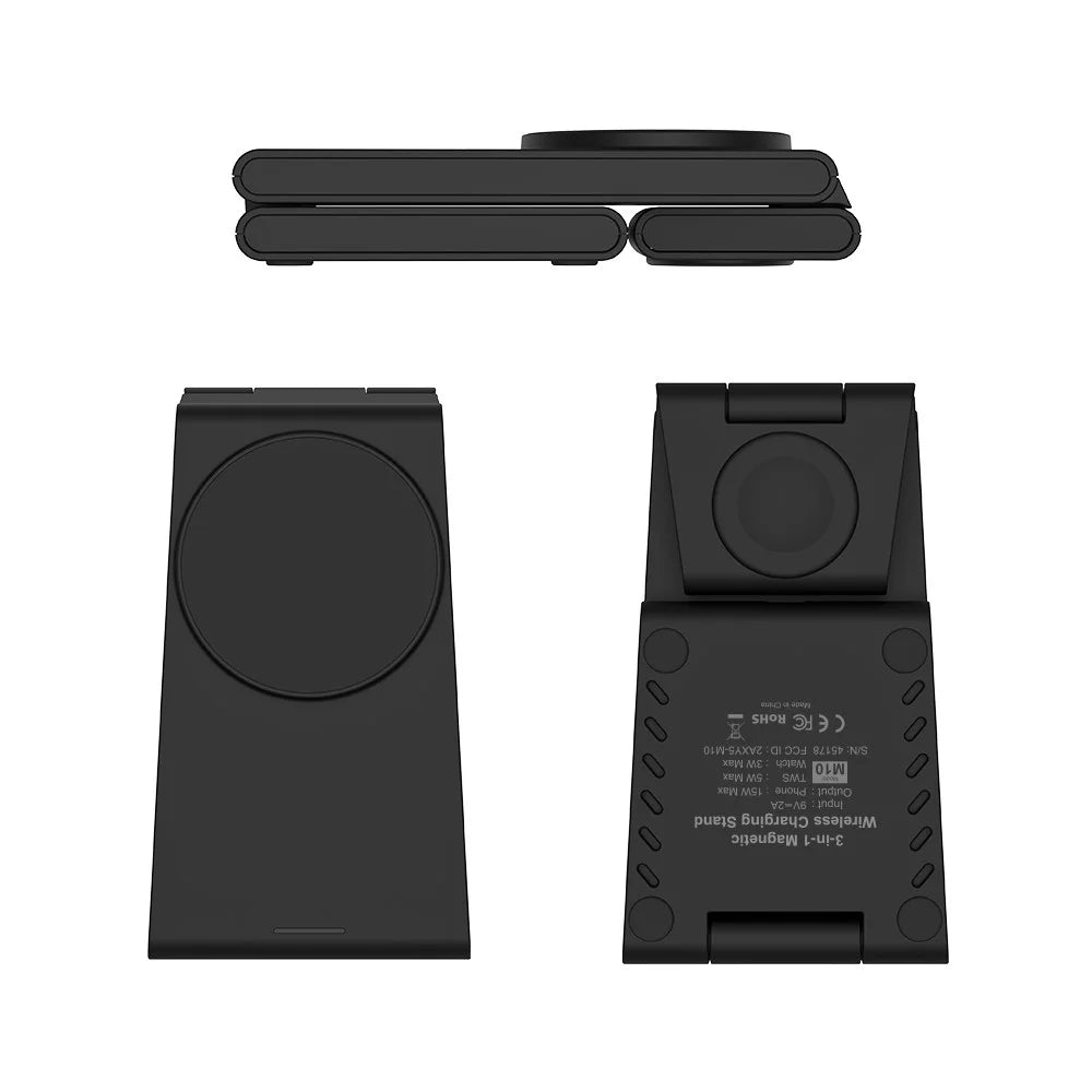 M10 3-in-1 Magnetic Wireless Charger for iPhone 12 / 13 / 14 / 15 Series 15W Folding Charging Station - Black - 7