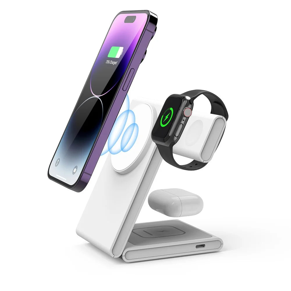 M5 Foldable 15W Charging Stand Holder for iPhone 12-15 / iWatch / AirPods Magnetic Wireless Charger (CE, FCC, RoHS, UKCA) - White - 4