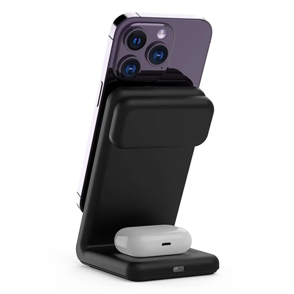 M7 For iPhone 12-15 / iWatch / AirPods 3-in-1 Magnetic Wireless Charger 15W Fast Charging Stand Holder (CE, FCC, RoHS, UKCA) - Black - 3