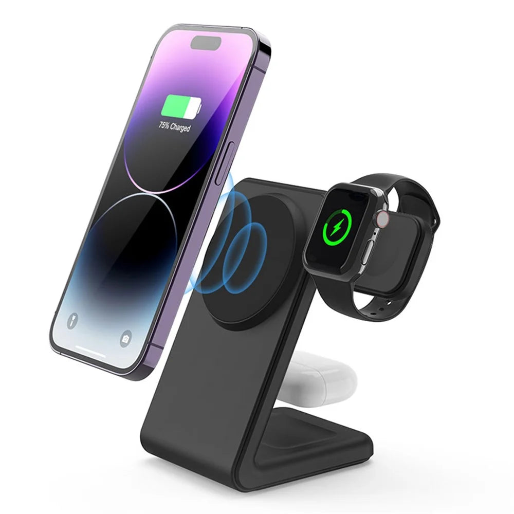 M7 For iPhone 12-15 / iWatch / AirPods 3-in-1 Magnetic Wireless Charger 15W Fast Charging Stand Holder (CE, FCC, RoHS, UKCA) - Black - 4