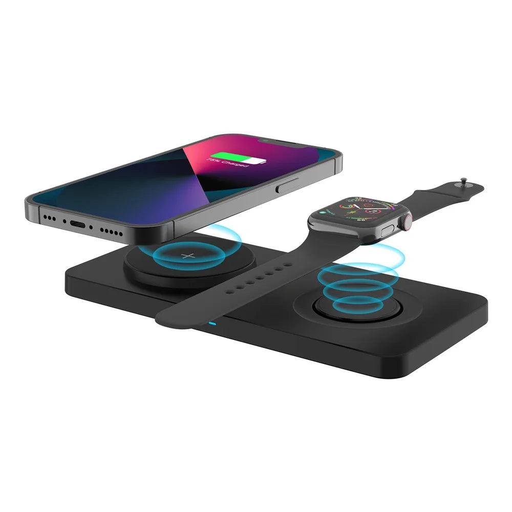 M13 2-in-1 Magnetic Wireless Charger Pad for AirPods / iPhone / Apple Watch (CE / FCC / ROHS / UKCA / IC-ID Certificate) - Black+Black Silicone - 2