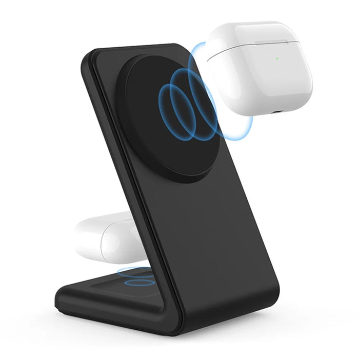 M2A 2-in-1 Magnetic Wireless Charger Vertical Charging Stand for AirPods Pro / iPhone (CE / FCC / ROHS / UKCA Certificate) - Black+Black Silicone - 5