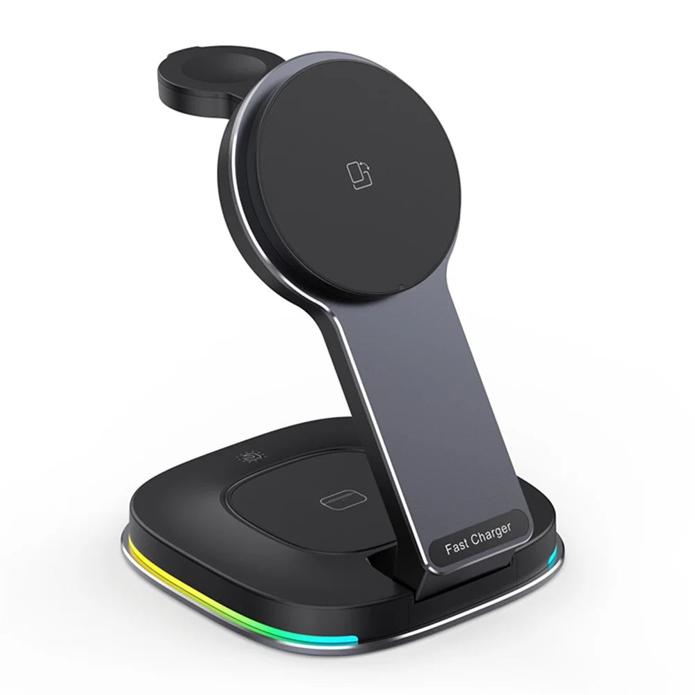 201 3-in-1 Folding Magnetic Wireless Charger Dock for iPhone / iWatch / AirPods - Black - 1