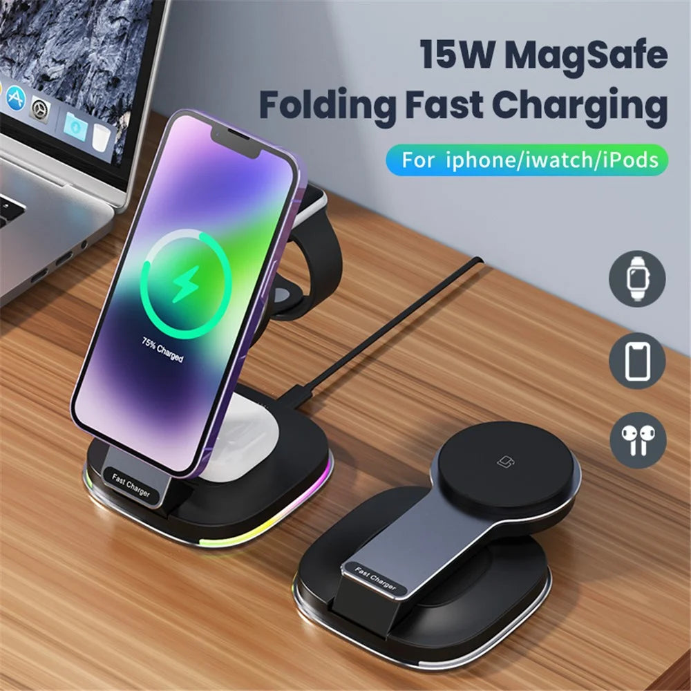 201 3-in-1 Folding Magnetic Wireless Charger Dock for iPhone / iWatch / AirPods - Black - 3