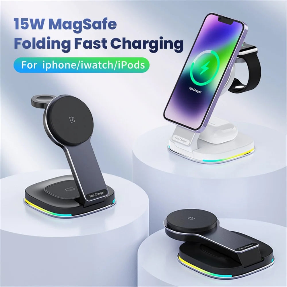 201 3-in-1 Folding Magnetic Wireless Charger Dock for iPhone / iWatch / AirPods - Black - 4